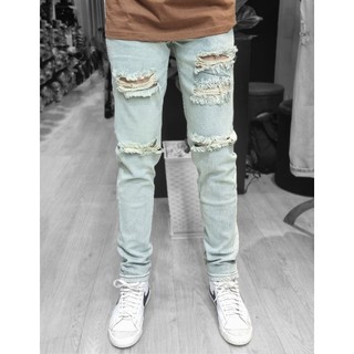 Quần jean nam rách gối, fom slim xanh nhạt vải co giãn MAKVN