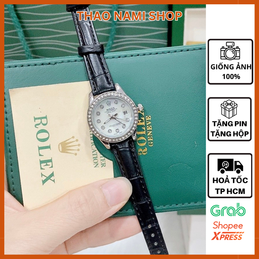 Đồng hồ rolex nữ, đồng hồ nữ rolex dây da bò bền bỉ mặt nhỏ viền đá nhẹ nhàng cực xinh - ThaoNami