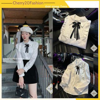 Áo sơ mi tiểu thư đính nơ đen cổ bèo xinh xắn, áo sơ mi kiểu, sơ mi trắng bánh bèo siêu sang chảnh