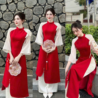 Set áo dài đỏ yếm cột nơ cổ + chân váy dập ly