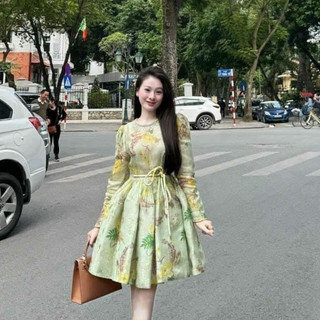 Đầm váy hoa xanh buọc dây dáng ngắn, Váy dài tay dáng xoè dịu dàng phong cách hàn quốc thanh lịch thiết kế cao cấp LOẠI1