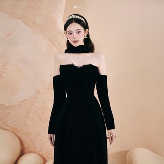 Váy nhung nữ thiết kế cup ngực đính nơ Noje Dress H.I.U Fashion , đầm vải nhung hàn dáng midi form ôm bồng HIU design