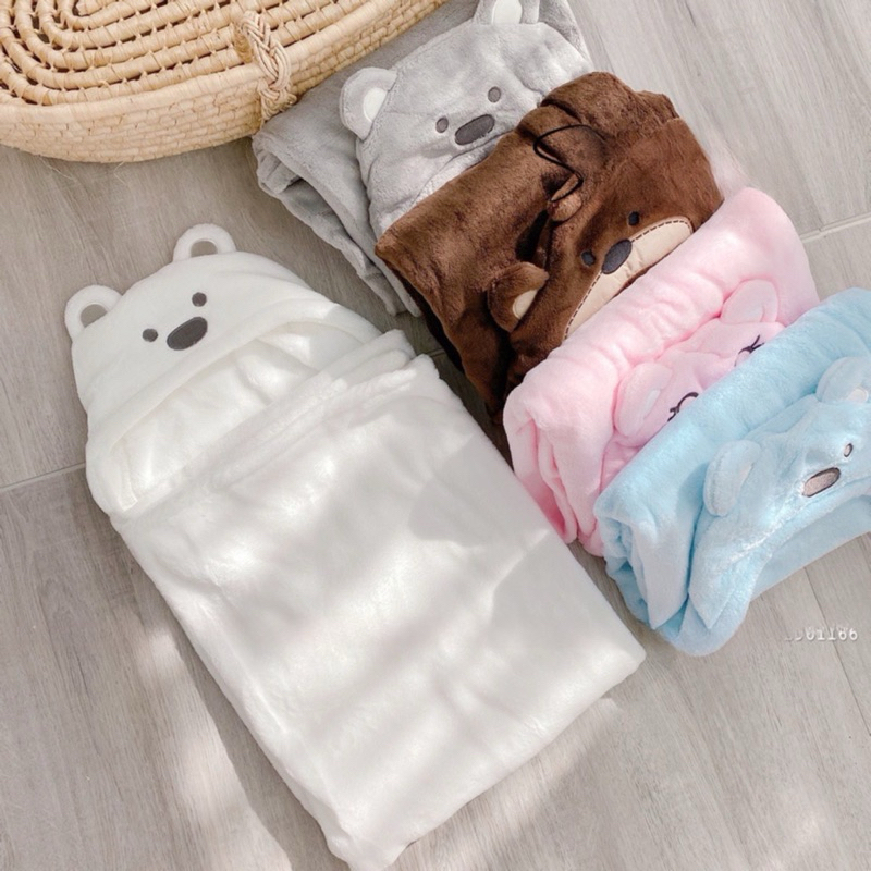 Chăn Ủ Gấu Cho Bé Sơ Sinh Có Mũ Lông Tuyết Siêu Mềm Mịn