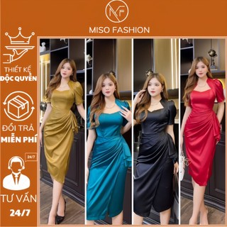 Váy lụa thiết kế nhúng eo che khuyết điểm v92 , đầm dự tiệc cổ có dây trang trí sang trọng