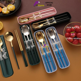 Bộ đũa thìa dĩa inox cao cấp, mạ vàng sang trọng, dùng cho cá nhân mang cơm văn phòng LUXHOME