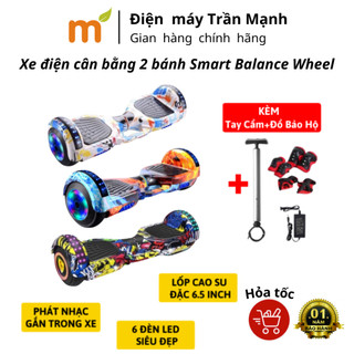 Xe điện cân bằng 2 bánh Smart Balance Wheel 6.5 inch - Xe cân bằng kèm tay cầm cho bé, kết nối bluetooth, đèn Led nháy