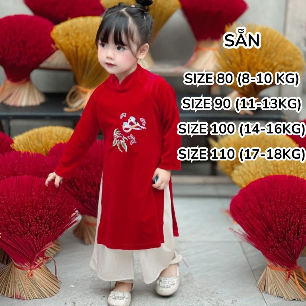 Áo Dài Cho Bé Gái Áo Dài Nhung Mềm Màu Đỏ Cho Bé 8-23kg Xinh Xắn Lana Kids