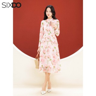 Đầm midi voan hoa dài tay SIXDO