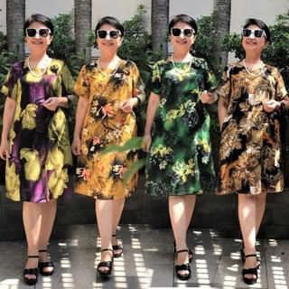 Váy Đầm Trung Niên Vải Lụa Hàng Châu Giãn Nhẹ, Mát - Có Dây Kéo - Form Suông A Che Bụng.