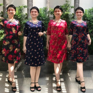 Đủ Size 48-90kg - Váy Đầm Trung Niên - Vải Nhung Hoa Co Giãn - Dáng Suông Tay Lửng - Dây kéo