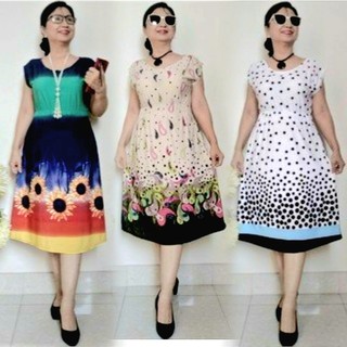 Size L, XL, 2XL Từ 50 - 80kg - Váy Đầm Trung Niên Thun Eo - Chất Thun Aty Chéo Mềm Mỏng