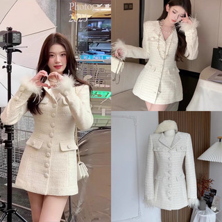 Đầm Dạ Tweed Trắng Tay Lông Hàng Cao Cấp Sang Chảnh (Loại 1) Váy Dạ Tweed Bling Bling
