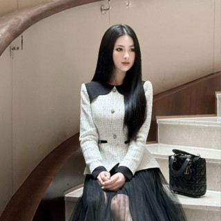 Áo dạ tweed BẢO KHÁNH SHOP chất tweed nhũ kẻ tiểu thư dáng peplum phối đáp lượn sóng dài tay 2 lớp 270