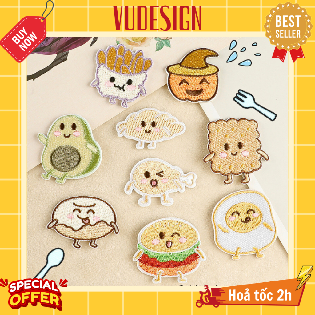 Sticker Vải,  Ủi Thêu Quần Áo, Balo, Túi, Mũ Đồ Ăn Hamburger Khoai Tây Chiên Donut Trứng Opla