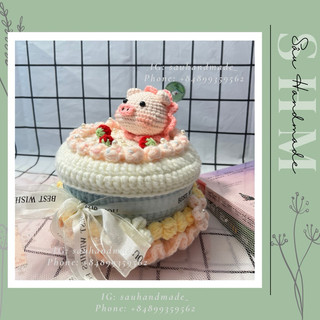 Bánh kem bằng len handmade hộp rỗng có nắp, đựng mĩ phẩm, làm quà tặng