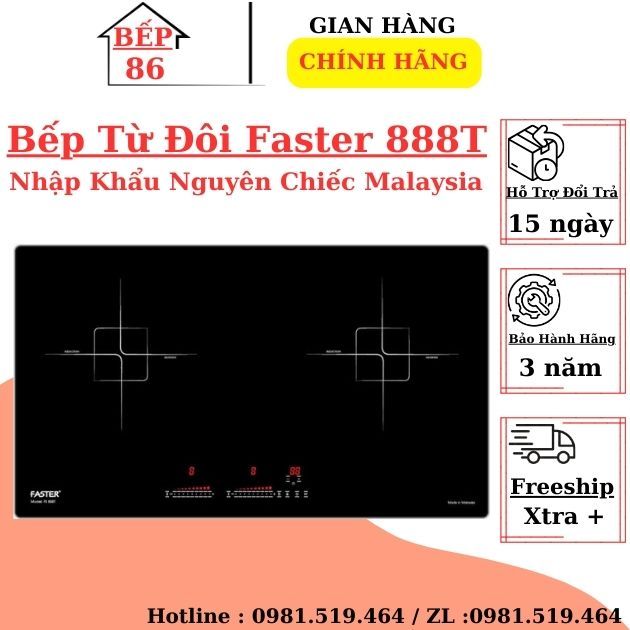 Bếp Từ Đôi Faster FS 888T / Nhập khẩu nguyên chiếc Malaysia , Cảm biến chống tràn / Bảo hành chính hãng 3 năm