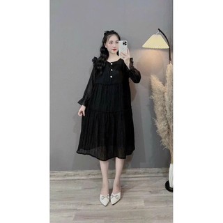 Váy bầu dài tay tơ nhăn 3 tầng K02
