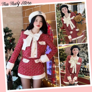Sét dạ đỏ 2 nón hàng loại 1 phối viền be đính nơ tiểu thư sang chảnh