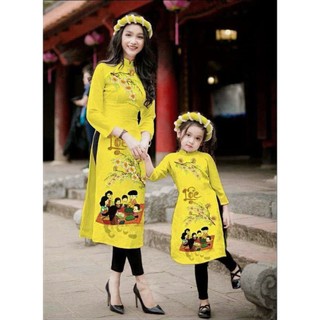 Có Size 5XL Áo Dài Cách Tân MẸ VÀ BÉ cổ trụ họa tiết LỘC tết sum vầy AD239