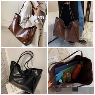 Túi tote ZARA minimalist xuất Âu xịn da PU bóng nâu, đen một ngăn nút bấm