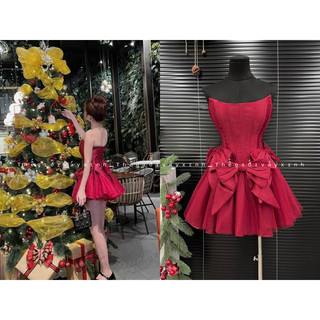Đầm xoè cúp ngực nơ phối lưới tầng
