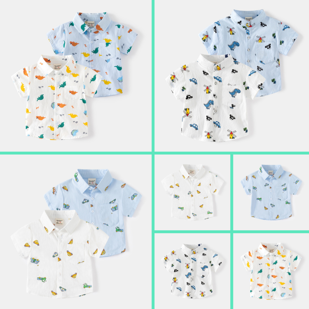 BST Áo sơ mi hè bé trai  WELLKIDS hoạ tiết khủng long, ô tô LMB14 - Little Maven Chính Hãng