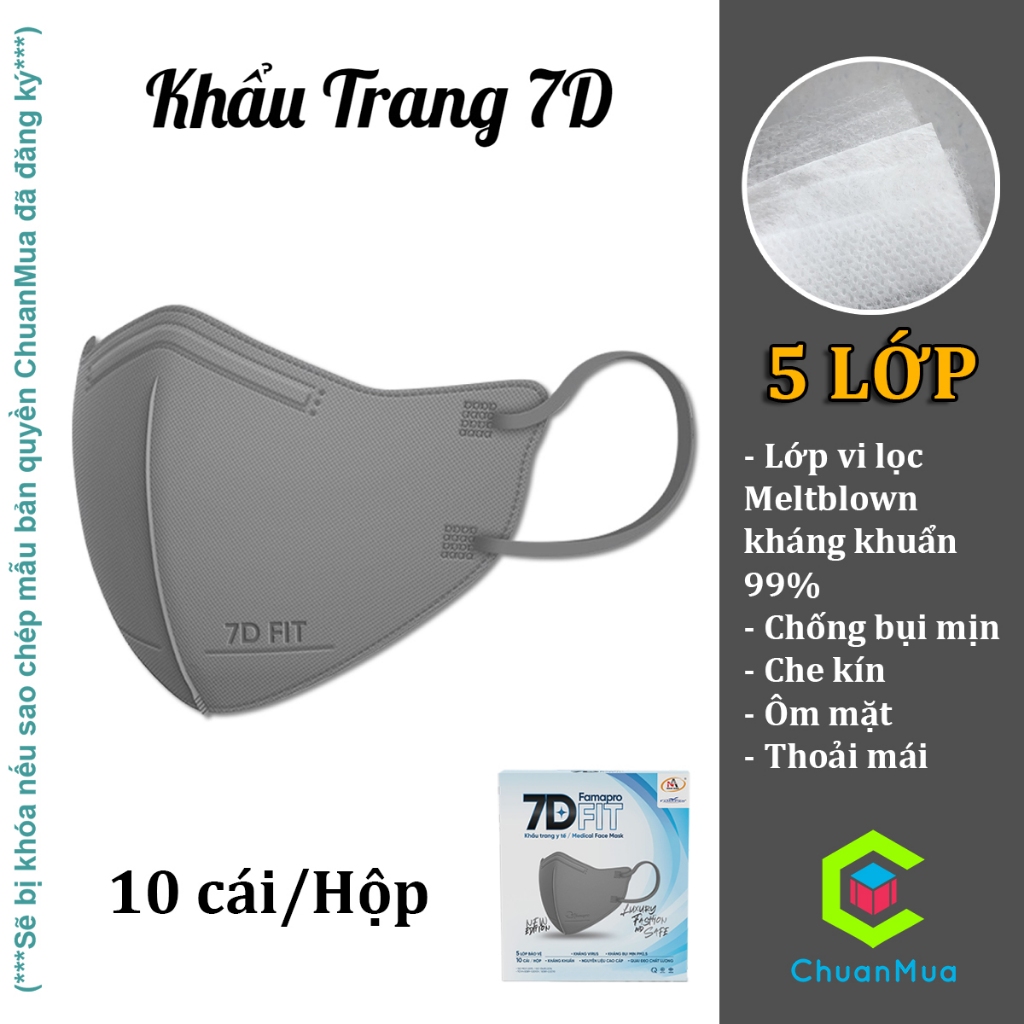 Khẩu Trang Y Tế 7D 5 Lớp Kháng Khuẩn Famapro Cao Cấp 7D Medical Mask ( Hộp 10 Cái Ngăn Ngừa Bụi, Mền