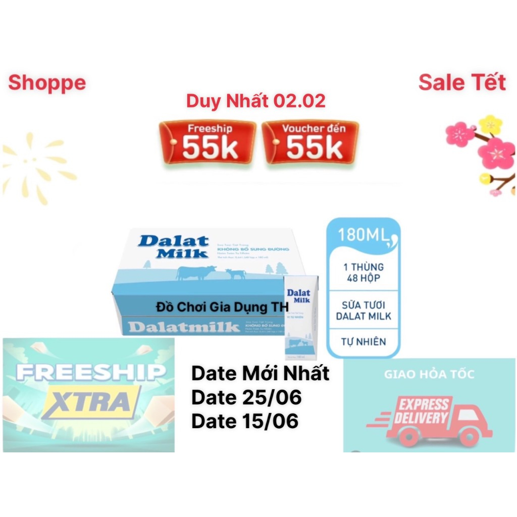 Thùng 48 hộp sữa tươi tiệt trùng Dalat milk 180ml Có đường-Ít đường-Không đường