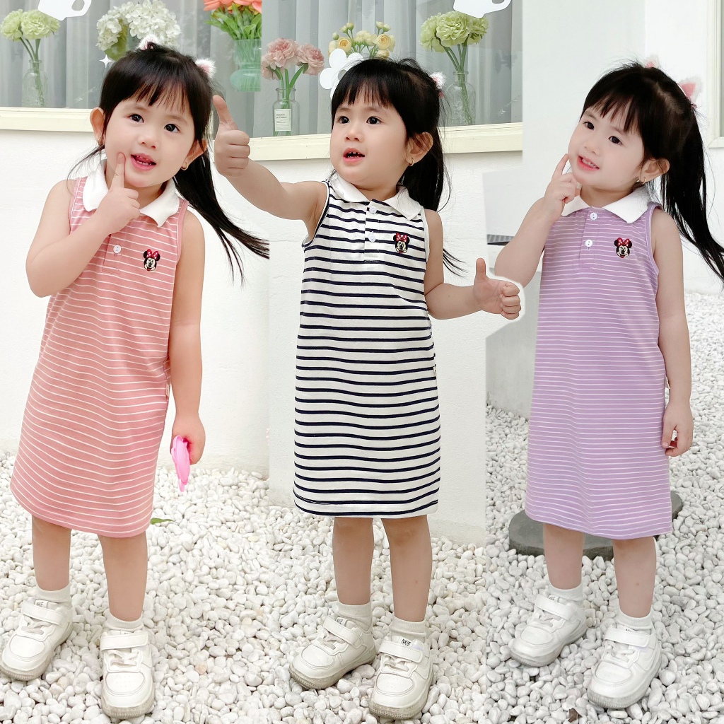 Váy bé gái sát nách có cổ thêu Minnie kẻ ngang đáng yêu size 9-20kg - 1223V029