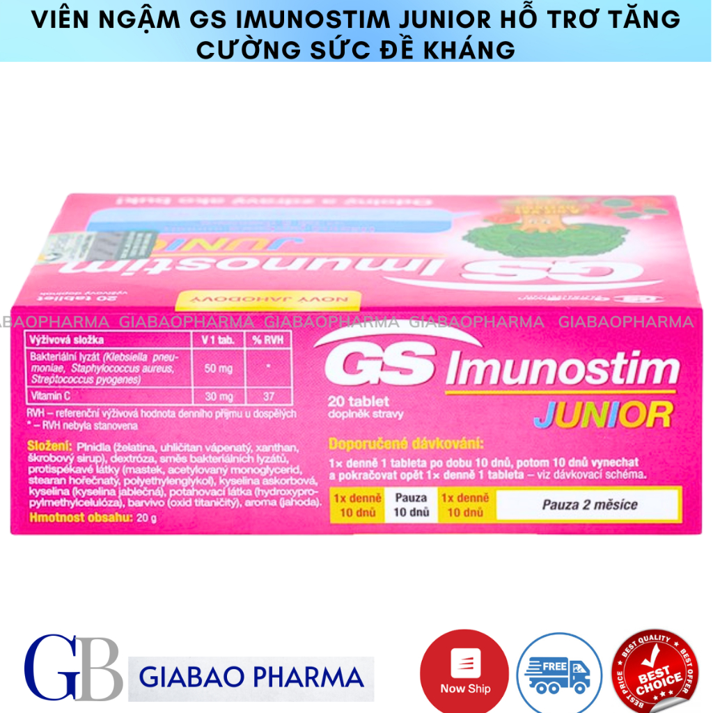 Viên ngậm GS Imunostim Junior hỗ trơ tăng cường sức đề kháng, nâng cao hệ miễn dịch nhập khẩu Séc chính hãng (Hộp/ 20 vi