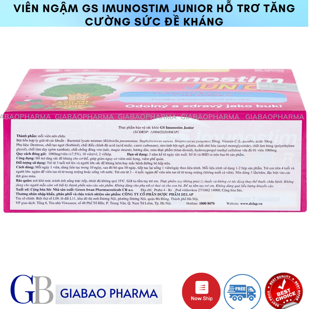 Viên ngậm GS Imunostim Junior hỗ trơ tăng cường sức đề kháng, nâng cao hệ miễn dịch nhập khẩu Séc chính hãng (Hộp/ 20 vi