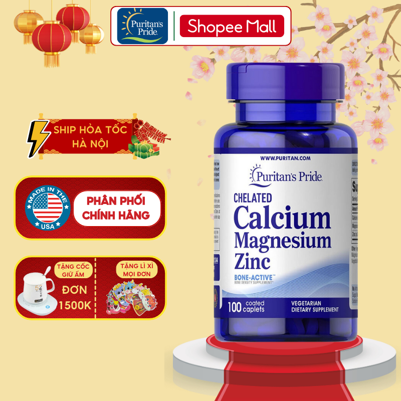 Viên uống canxi, magie, kẽm zinc Puritan's Pride Chelated Calcium Magnesium Zinc 100-250 viên của Mỹ