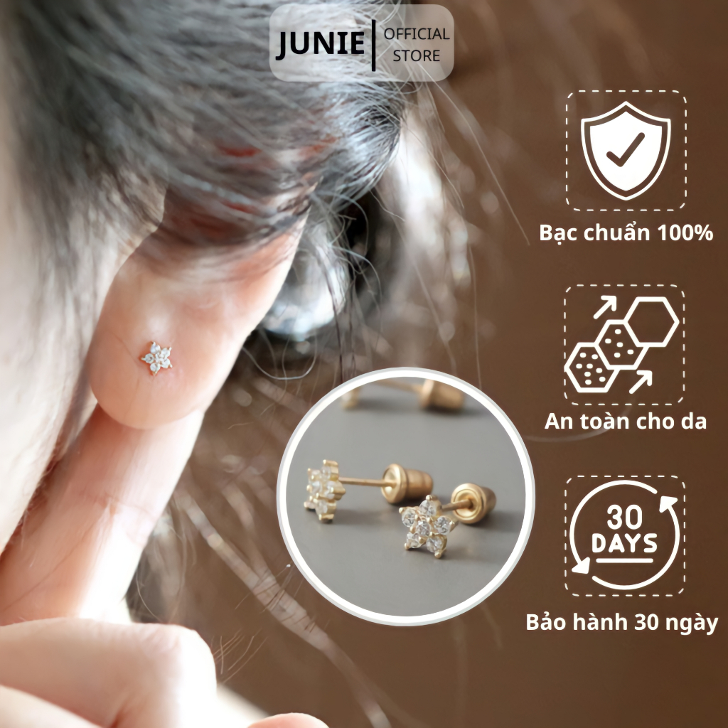Bông Tai Bạc Mạ Vàng JUNIE Tạo Hình Nụ Bông Hoa Đính Đá Tinh Xảo Quyến Rũ E-ALLIE