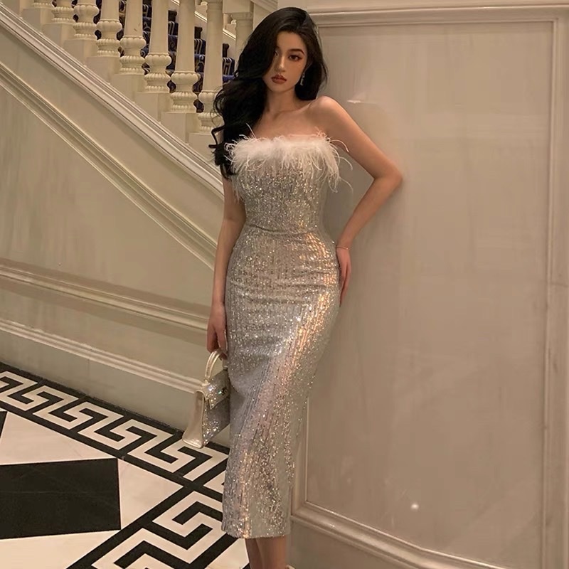 Đầm kim sa phối lông