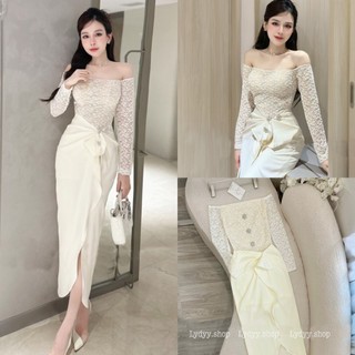 Váy đầm ren trễ vai, dáng bút chì đuôi cá cao cấp, váy cổ thuyền lệch vai phối ren trắng thiết kế sang chảnh dự tiệc