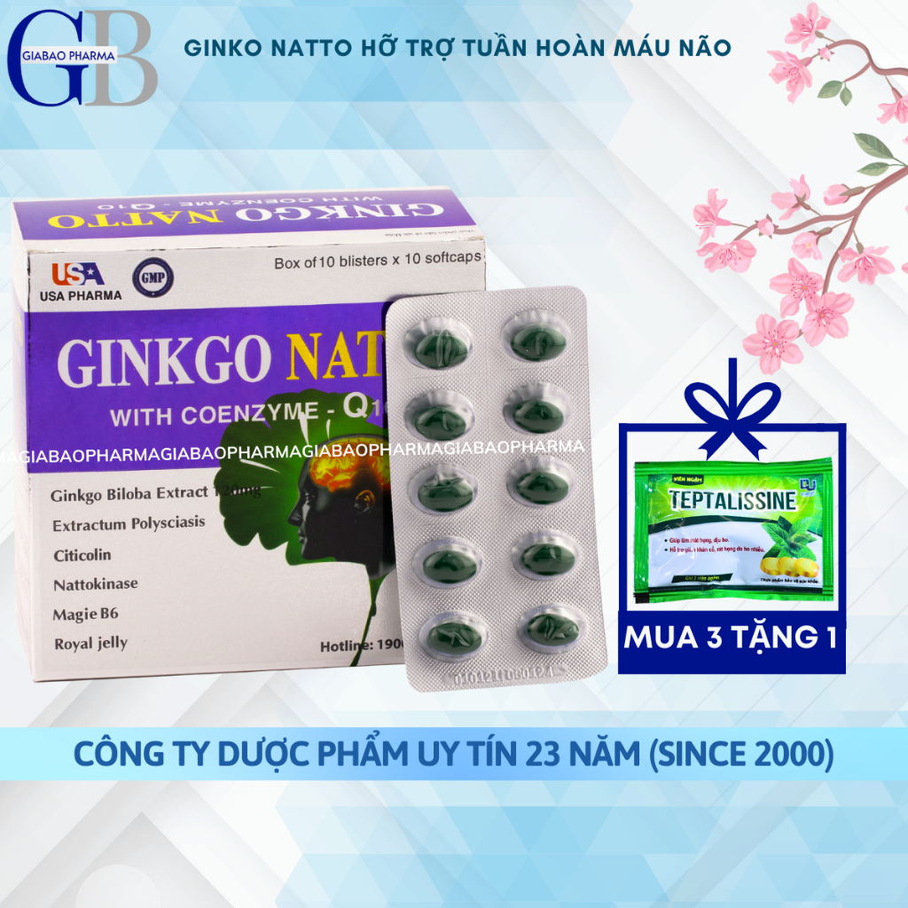 Viên uống bổ não Ginko Natto Q10 giúp tăng cường trí nhớ, hỗ trợ tuần hoàn máu não - Hộp 100 viên