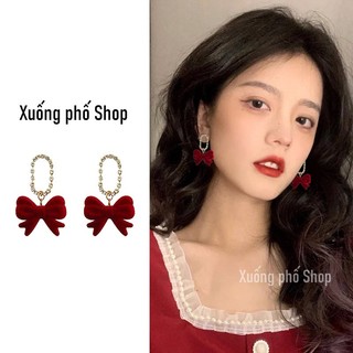 (sẵn) Bông tai, khuyên tai hình hoa nhung đỏ style Hàn quốc