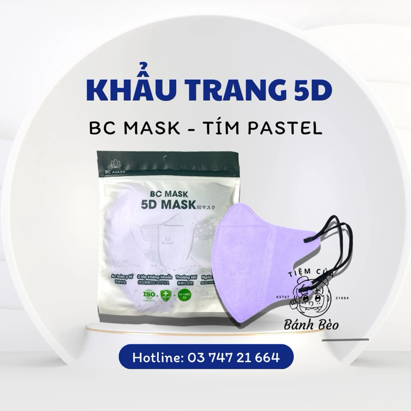 [Thùng 100 cái] Khẩu trang 5D màu tím pastel Bảo Châu BC Mask 3 lớp kháng khuẩn ôm mặt | Tiệm Của Bánh Bèo
