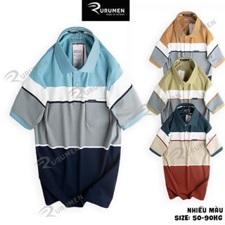 Áo Thun Polo Nam Rurume Phối Sọc Ngang Cổ Bẻ Có Túi RURUMEN Trung Niên Big Size