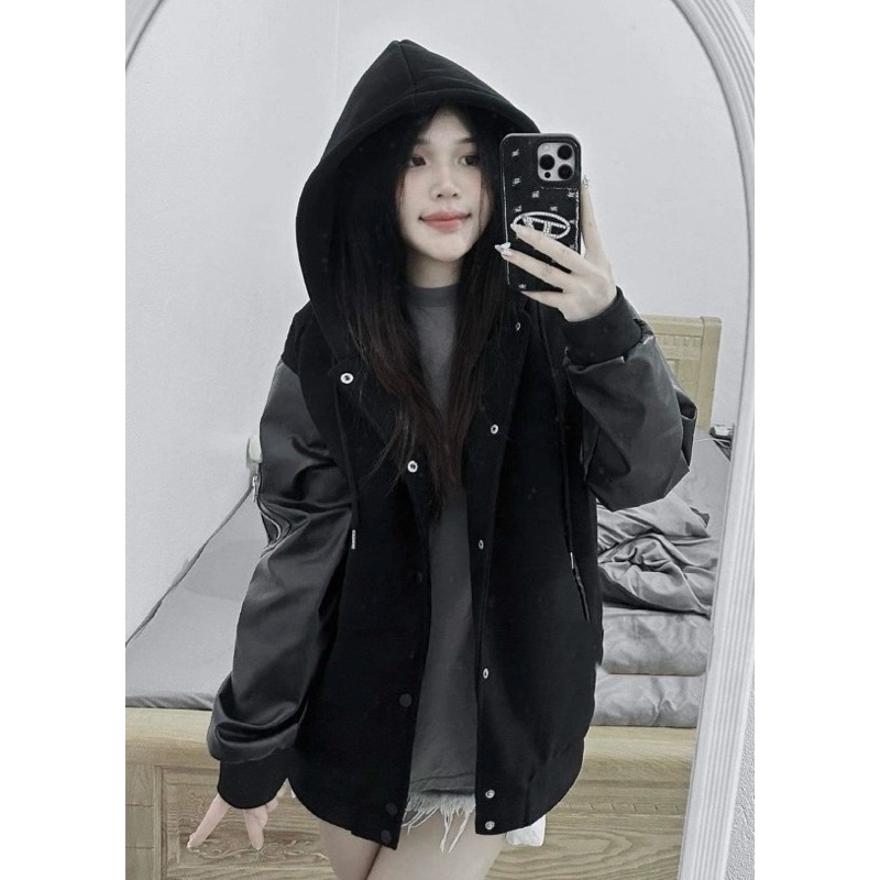 Áo khoác dạ phối tay da icon 2 lớp