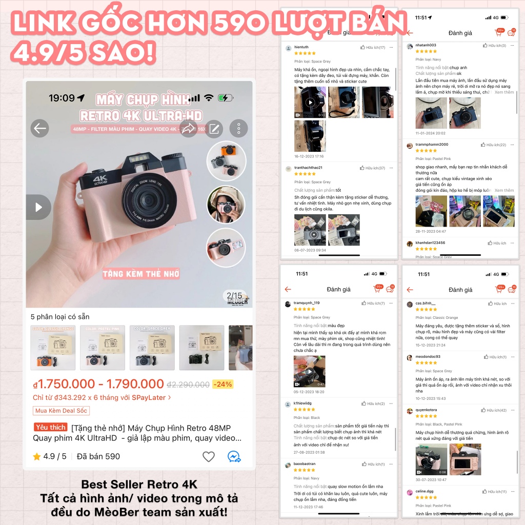 [Tặng thẻ nhớ] Máy Chụp Hình Retro 48MP Quay phim 4K WiFi  - giả lập màu phim, quay video slow-mo lens wide by Meober | BigBuy360 - bigbuy360.vn