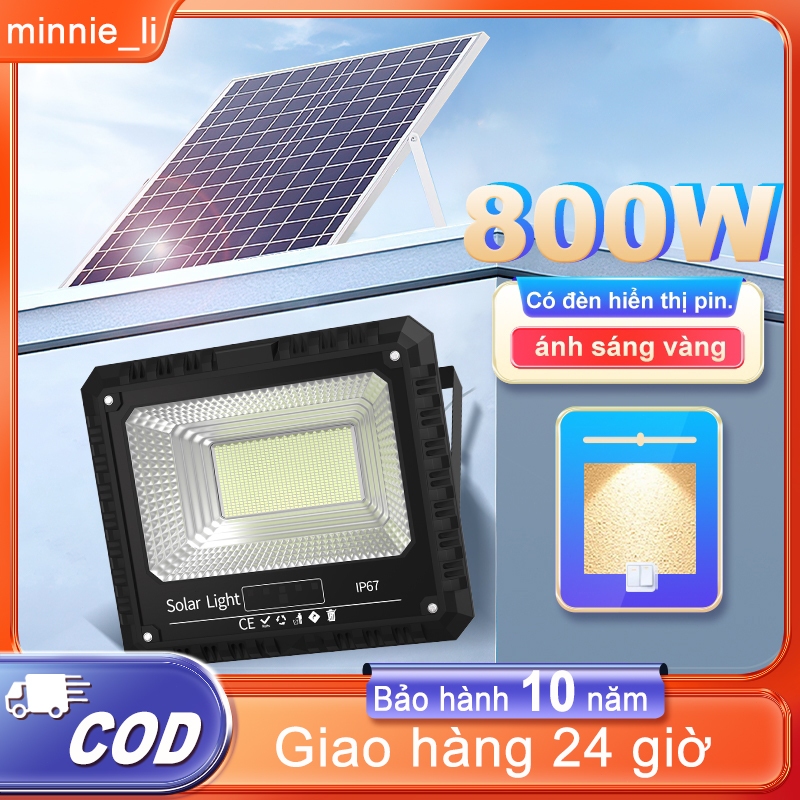 Đèn năng lượng mặt trời 800W đèn vàng có điều khiển đèn pha led ngoài trời không thấm nước IP67 Có đèn hiển thị pin