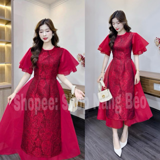 (AD09 SHOP BIGSIZE NỮ 50KG ĐẾN 90KG ) đầm tết 2024 áo dài cách tân gấm, kèm chân váy đỏ