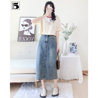 Chân váy jeans nữ Twentyfive dáng A dài xẻ sau cạp cao tôn dáng 5021