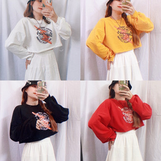 Áo croptop nữ vải da cá tay phồng cổ tròn