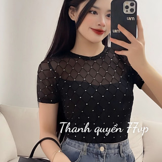 Áo Croptop Nữ,Áo Crt Lưới Chất Liệu Nhúng Đính Đá Kiểu Dáng Ngắn Sang Chảnh Dễ Mặc
