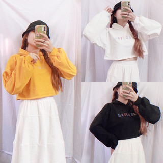 Áo croptop nữ tay phồng có nón vải da cá