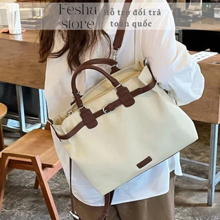 [SẴN] Balo/ Túi đựng laptop chất dù chống thấm màu Vani đế da nâu Vintage_đeo 2 kiểu