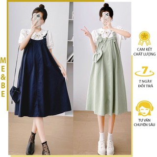 Đầm váy bầu liền thân cổ sơ mi điệu đà chất cotton thô mềm mát m717 - váy bầu babydoll xinh freesize
