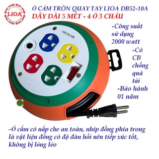 Ổ cắm tròn quay tay dây dài 5 mét LIOA DB52-10A công suất 2000 watt